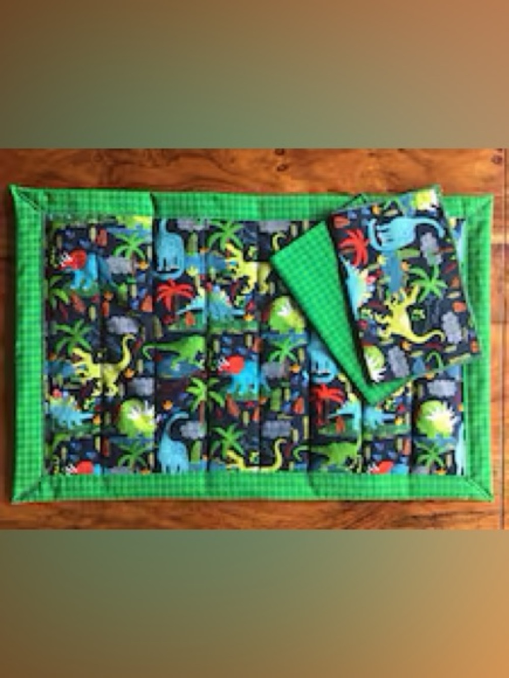 Green Dinosaur Print Kids Play Mat with Matching Pillow